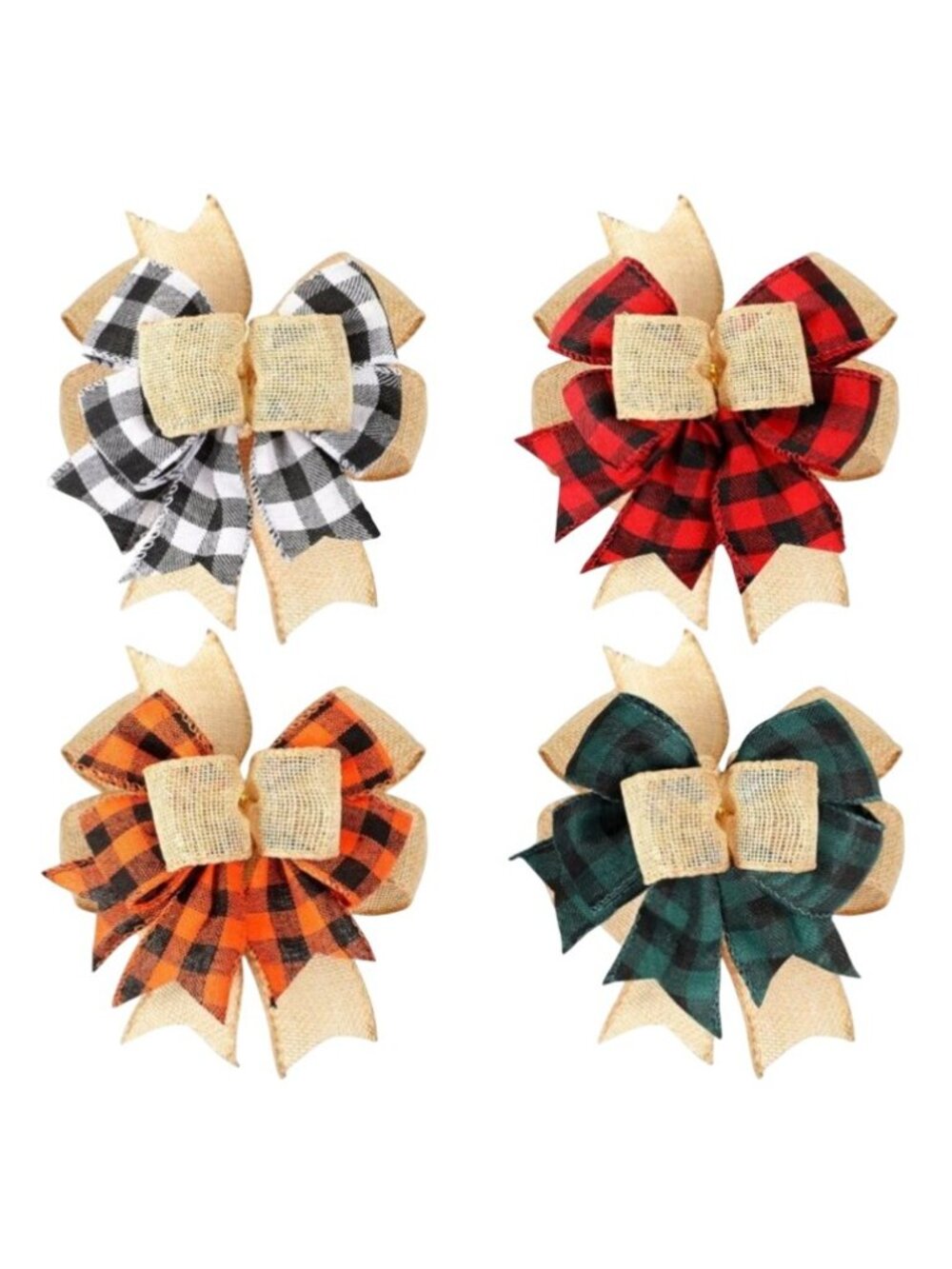 Plaid Bow Gift Wrap 6" Burlap Bow Checkered Ribbon White Green Red Orange Set/4